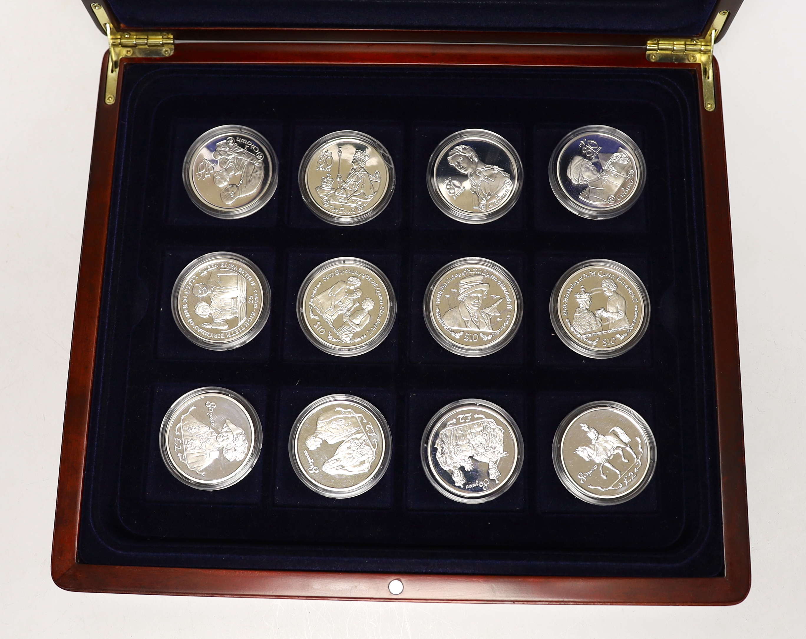 Eightieth Birthday of her Majesty Queen Elizabeth II silver proof collection coins 2006, for British Virgin Islands, South Georgia, Republic of Sierra Leone, Seychelles, Liberia, etc, each 28.28g sterling silver